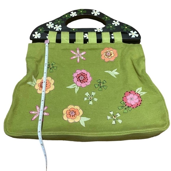 USINDO Green Fabric Purse w/Floral Design & Wooden Handles - Picture 3 of 9